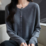 Women's Merino Wool Cardigan Crew Neck Fall Winter Long Sleeve First-Line Ready to Wear Seamless Knit Cardigan