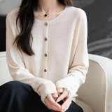 Women's Merino Wool Cardigan Crew Neck Fall Winter Long Sleeve First-Line Ready to Wear Seamless Knit Cardigan