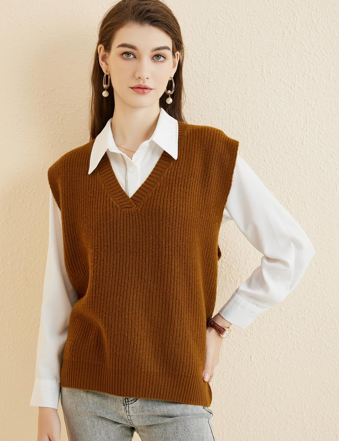 Women's 100% Merino Wool Sweater Vest 2025 Spring Classic V Neck Casual Sleeveless Knit Sweater Vest
