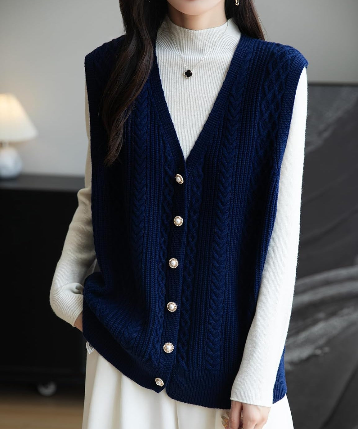 Merino Wool Blend Cable Knit Vest with Buttons