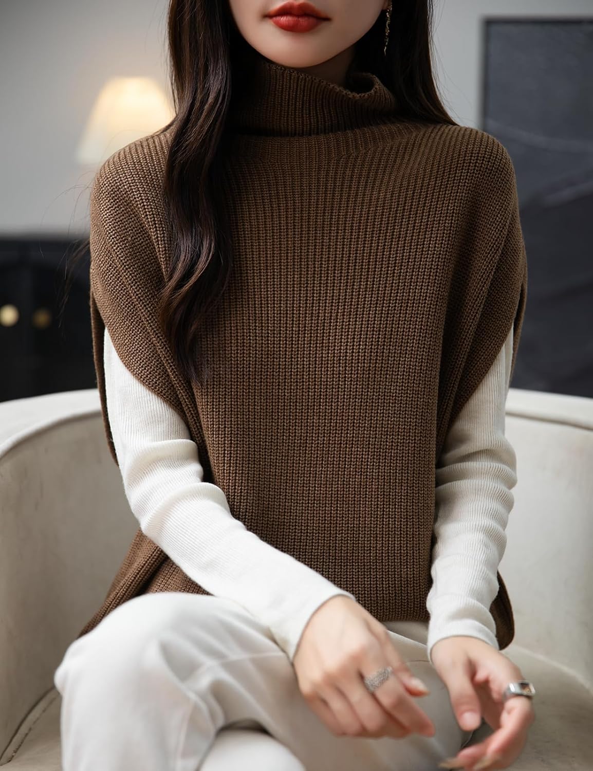 Women's Merino Wool Oversized Sweater Vest 2025 Fall Winter Casual Loose Turtleneck Sleeveless Knit Pullover Sweater