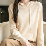 Felpa con tasca a maniche lunghe in lana merino al 100% da donna 2025 inverno calda morbida a manica lunga a maglia con tasca