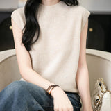 Women's 100% Merino Wool Spring Fall Winter First-Line Ready to Wear Mock Neck Seamless Knit Sleeveless Sweater Vest