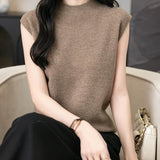 Women's 100% Merino Wool Spring Fall Winter First-Line Ready to Wear Mock Neck Seamless Knit Sleeveless Sweater Vest