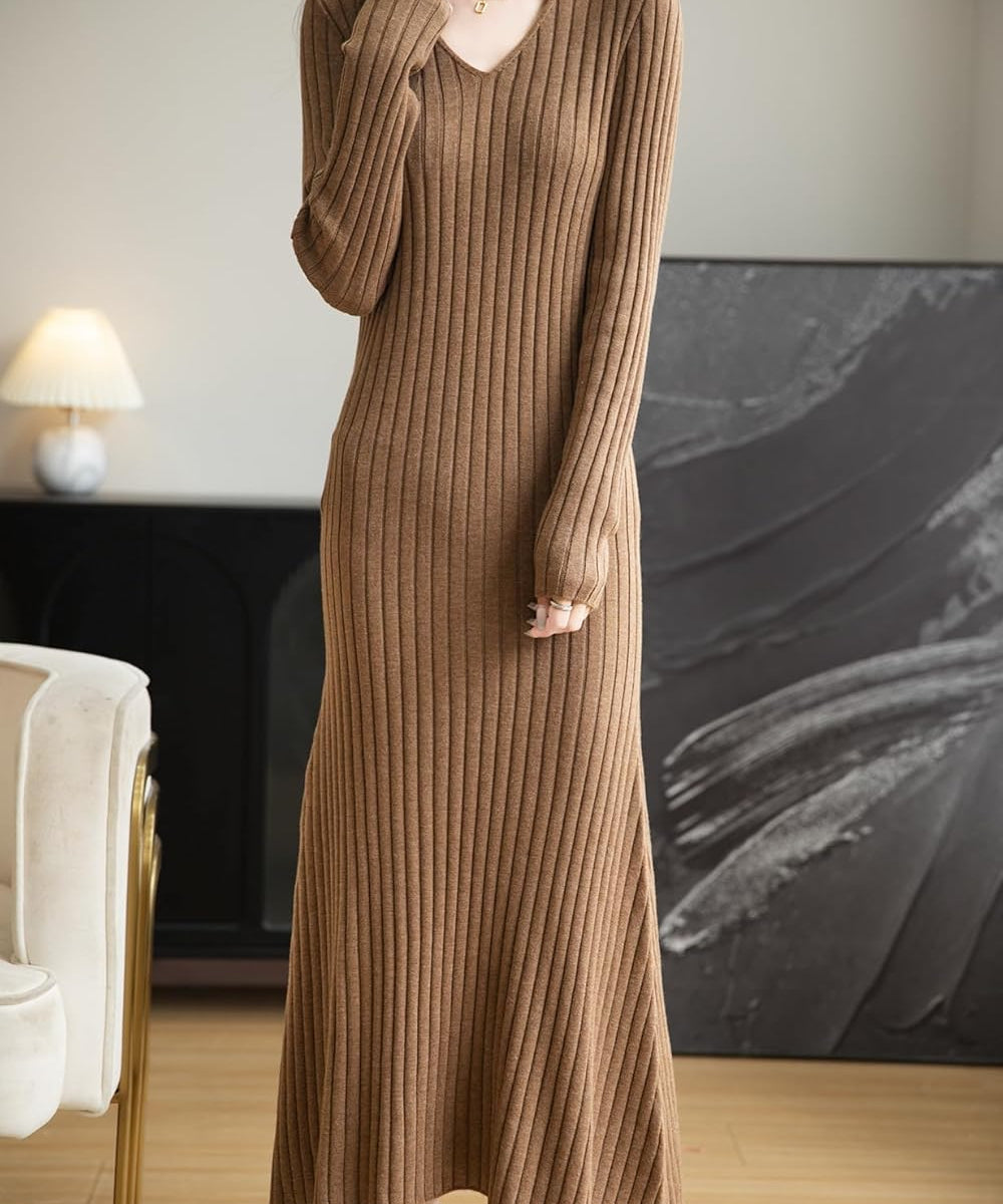 Merino Wool Blend V-Neck Ribbed Bodycon Knit Dress