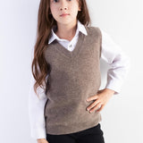 Girls 100% Merino Wool Sweater Vest V-Neck Sleevless 2025 Fall Winter Cable Tops Knitted Pullover Vest
