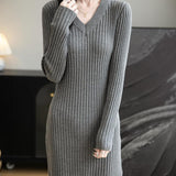Women's Merino Wool Blend Sweater Dress Fashion 2025 Fall Winter Sexy V-Neck Slim Fit Long Sleeve Ribbed Knit Dress