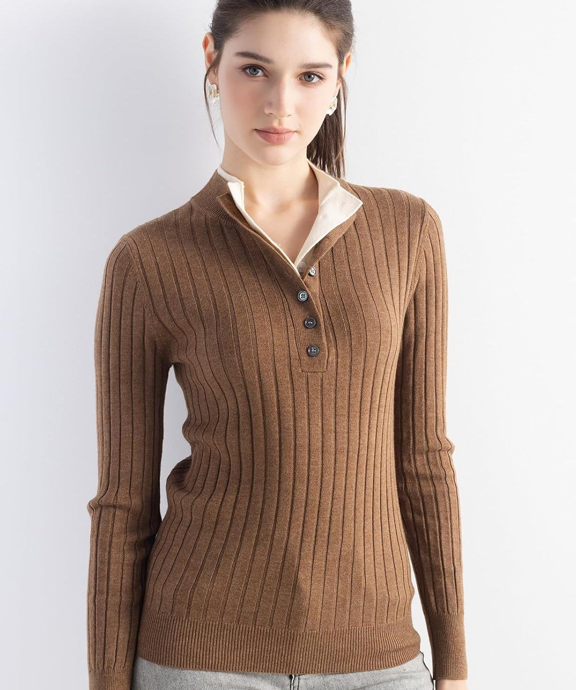 Merino Wool Blend Color Block Stand Collar Sweater