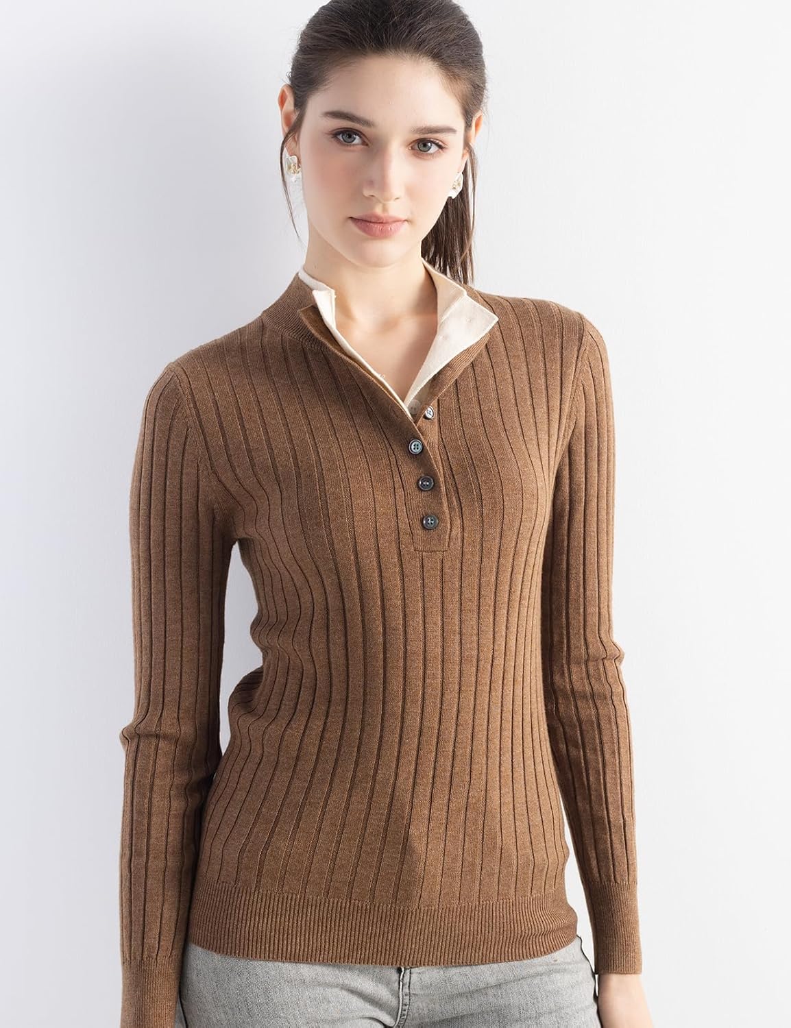 Pullage en laine mérinos pour femmes automne d'hiver faux trottoir en deux pièces Collier de support de support à manches longues tricot