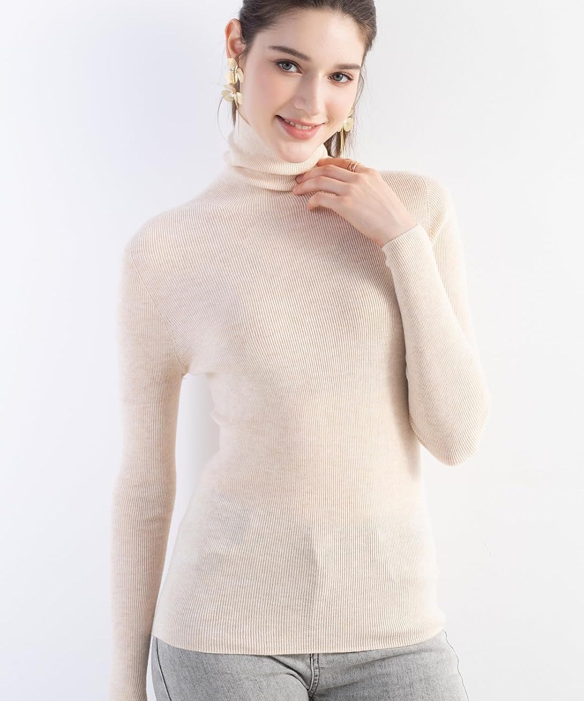 Merino Wool Blend Ribbed Turtleneck Slim Fit Sweater
