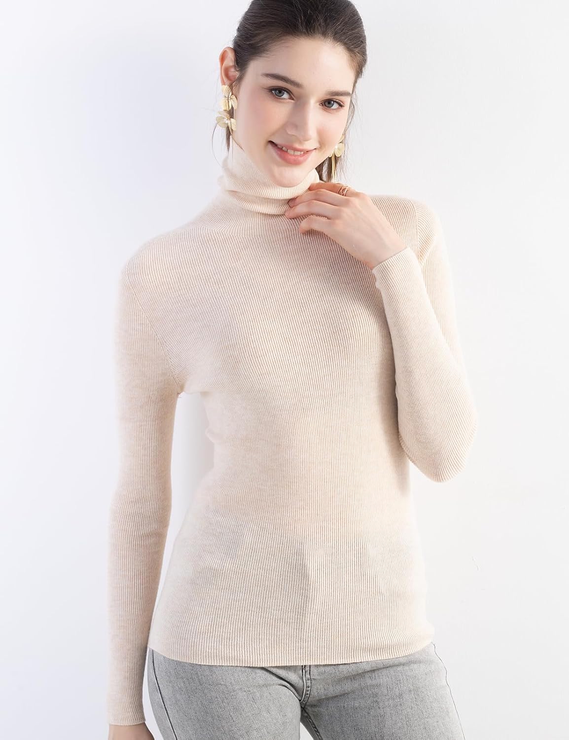 Women's Merino Wool Sweater Fall Winter Turtleneck Rib Long Sleeve First-Line Ready to Wear Seamless Knit Sweater