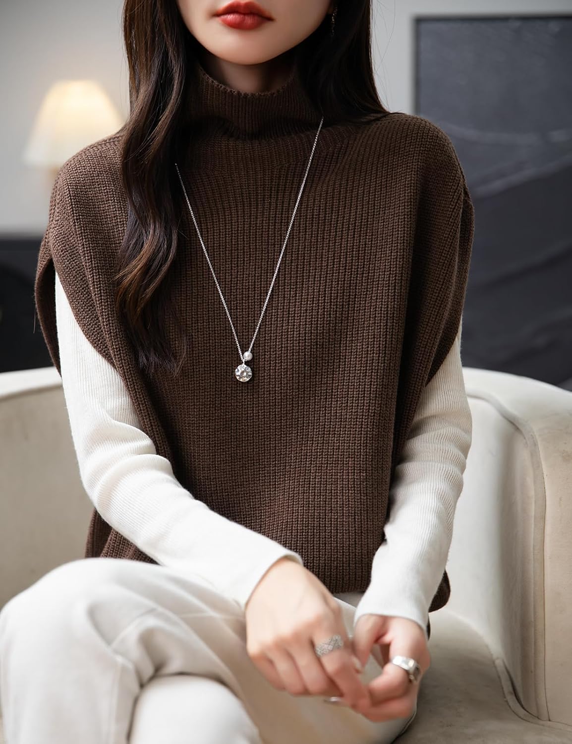 Women's Merino Wool Oversized Sweater Vest 2025 Fall Winter Casual Loose Turtleneck Sleeveless Knit Pullover Sweater