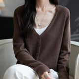 Women's Merino Wool Cardigan V-Neck Fall Winter Long Sleeve First-Line Ready to Wear Seamless Knit Cardigan