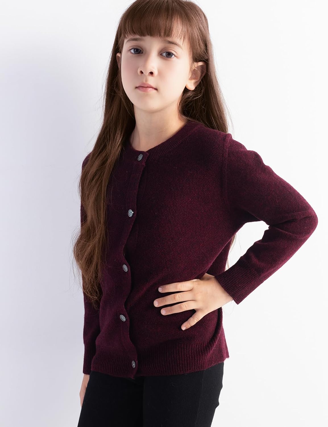Girls' 100% Merino Wool Seamless Crewneck Cardigan