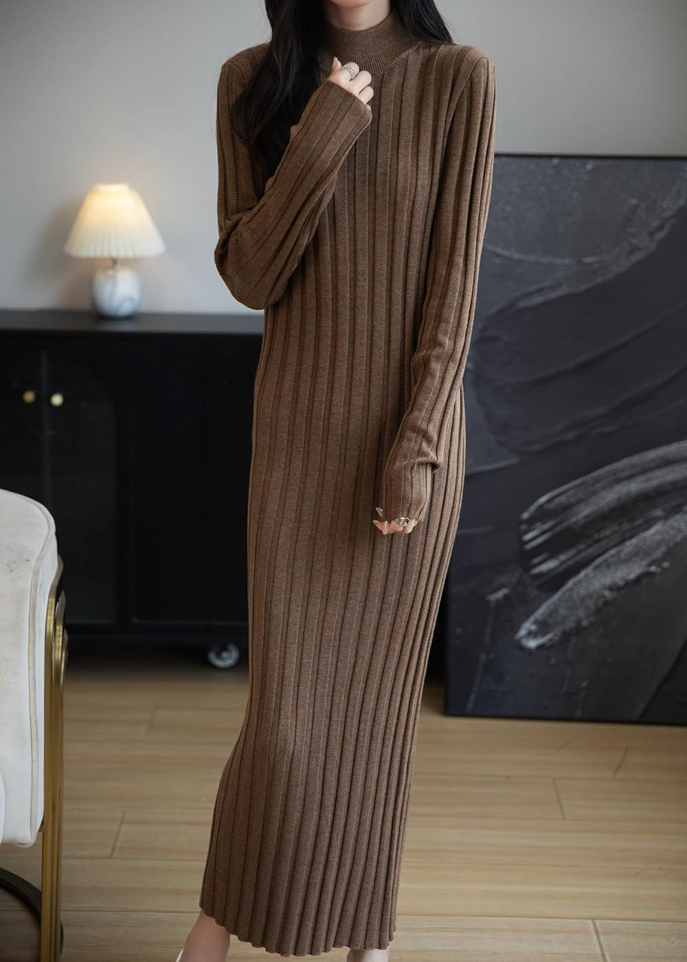 Merino Wool Blend Mock Neck Ribbed Knit Sweater Dress