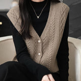 Women's 100% Merino Wool Sweater Vest 2025 Fall Winter V Neck Button Down Sleeveless Cable Knit Sweater Vest