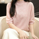 Women's 100% Merino Wool Spring Fall Winter First-Line Ready to Wear Seamless Knit Short Sleeve Mock Neck Sweater