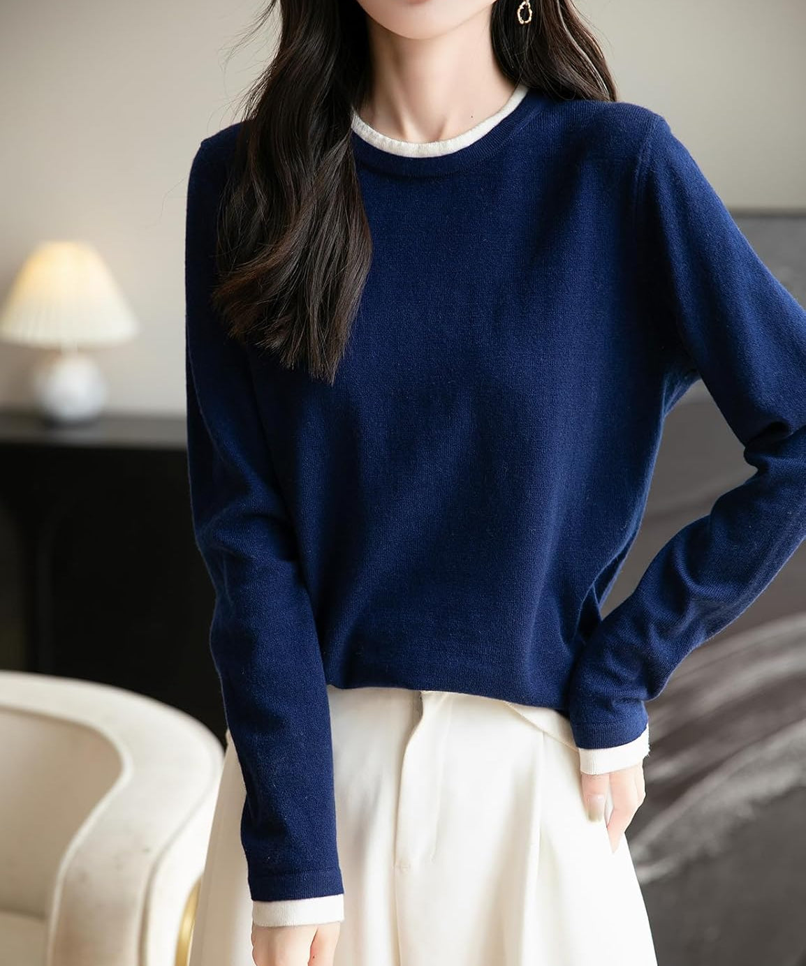 Merino Wool Fake Two-Piece Color Block Crewneck Knit Top
