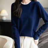 Women's Merino Wool Sweater 2025 Fall Winter Fake Two Piece Color Block Shirt Crewneck Long Sleeve Knit Pullover Top