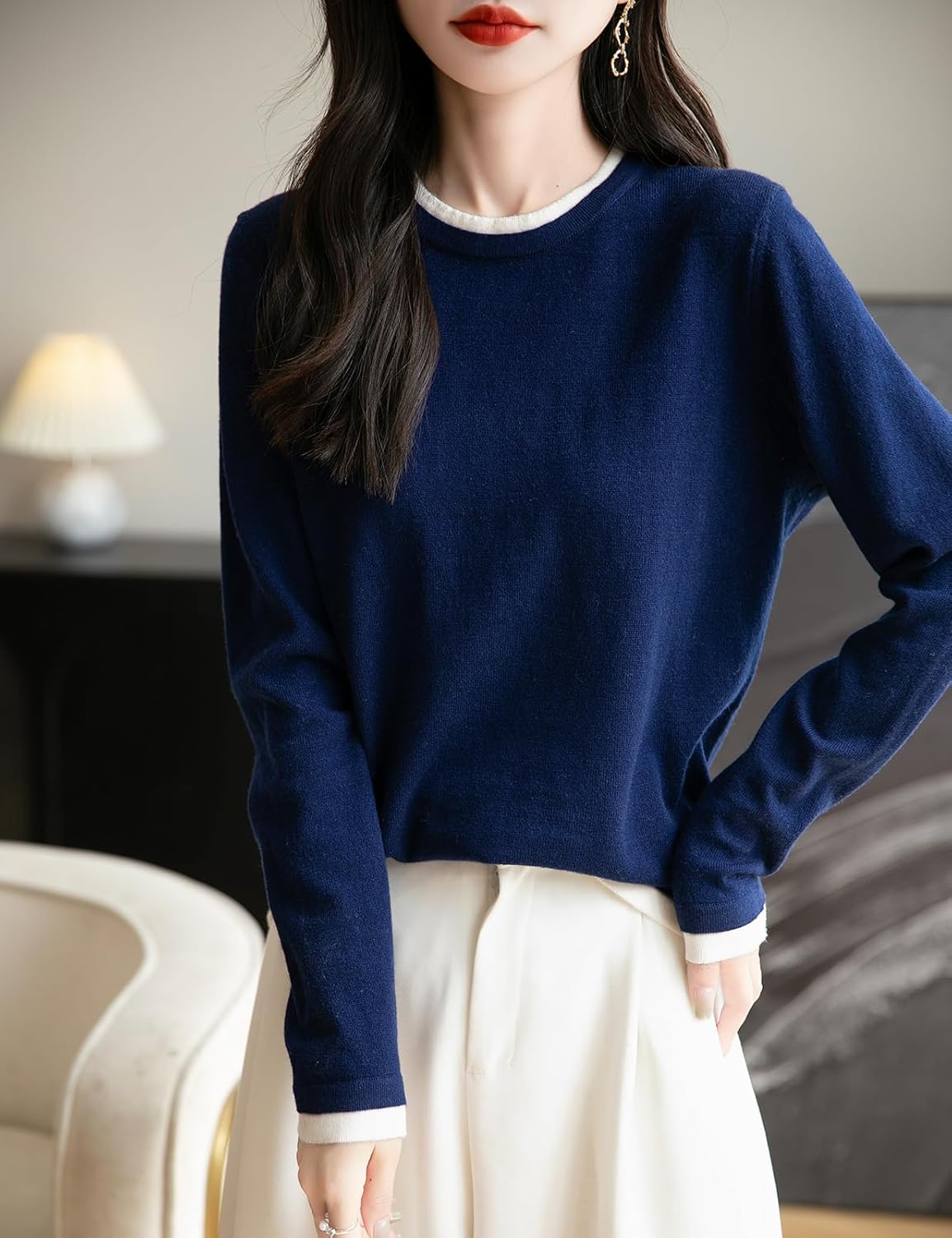 Women's Merino Wool Sweater 2025 Fall Winter Fake Two Piece Color Block Shirt Crewneck Long Sleeve Knit Pullover Top