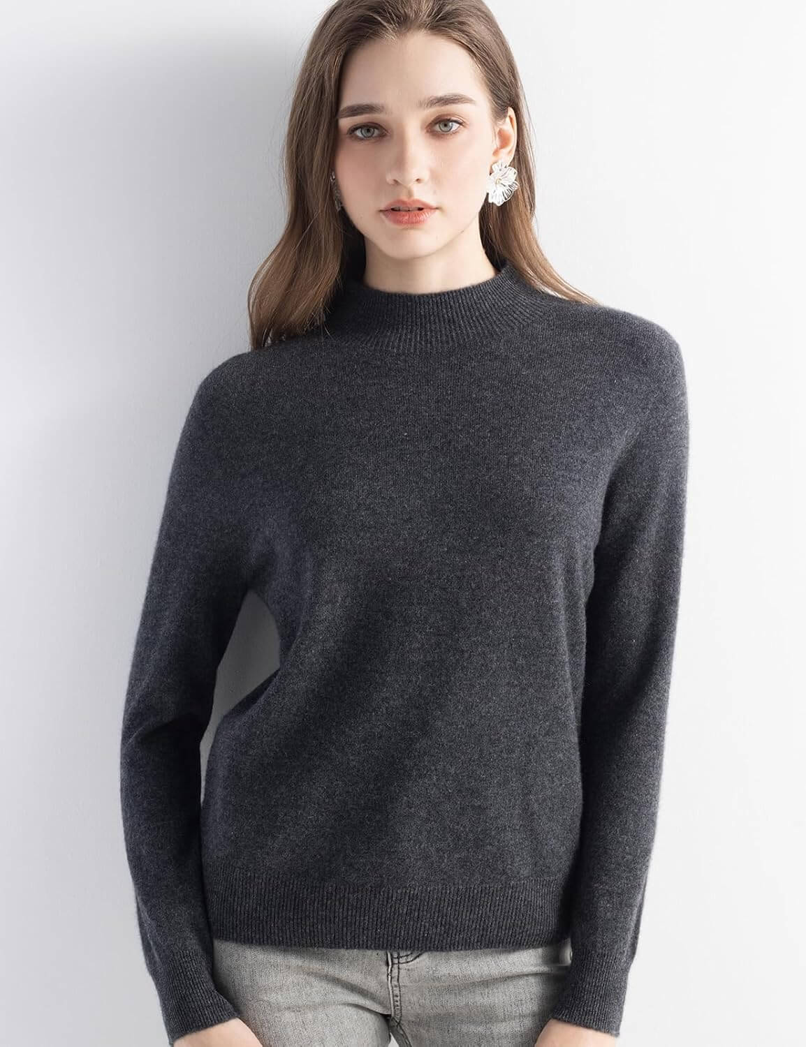 Women's 100% Pure Cashmere Sweater Mock Neck Long Sleeve Warm Leisure 2025 Fall Winter Knit Pullover