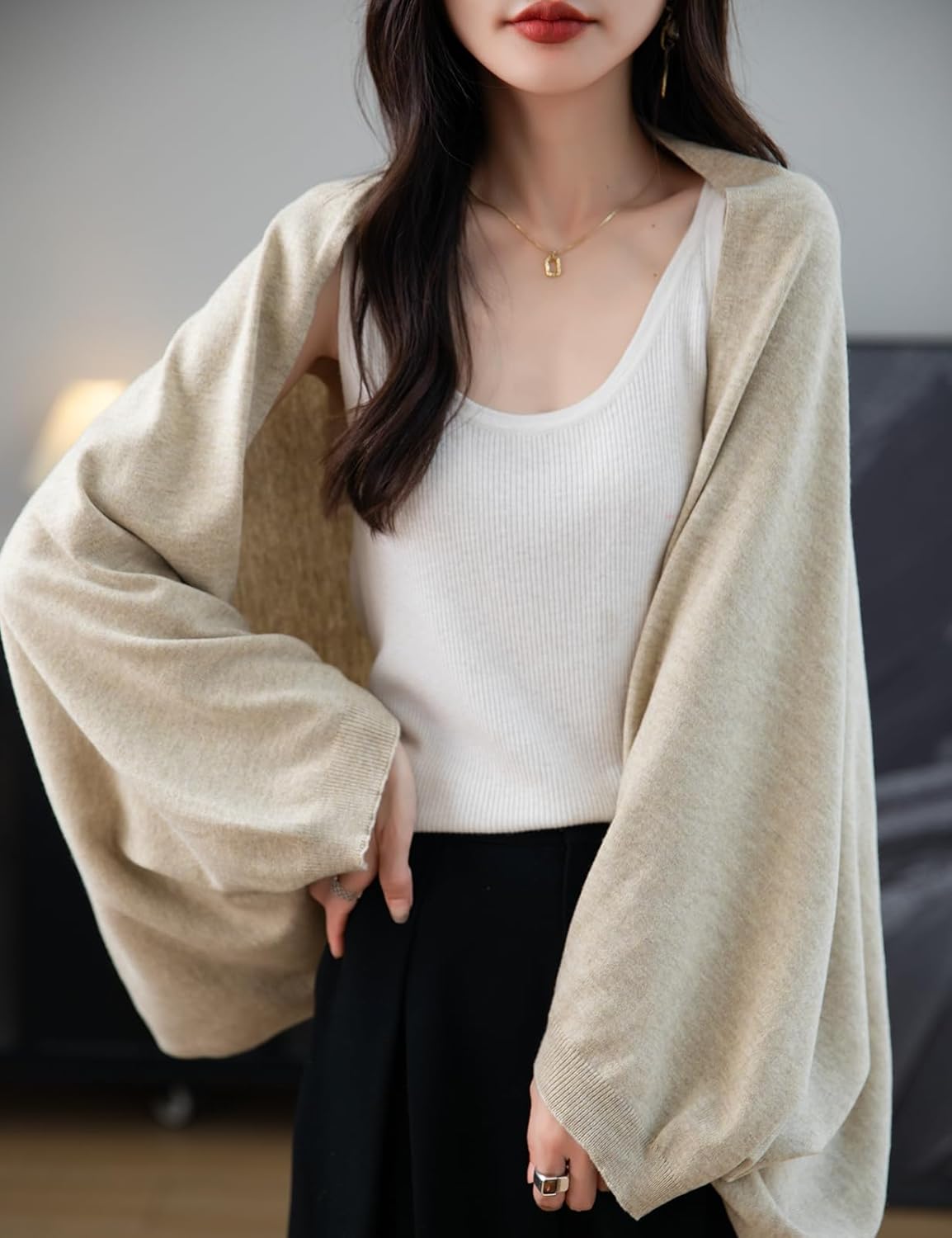 Women's Merino Wool Blend Oversized Cardigan Sweater 2025 Fall Winter Fashion Casual Batwing Sleeve Knit Cardigan