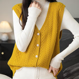 Women's 100% Merino Wool Sweater Vest 2025 Fall Winter V Neck Button Down Sleeveless Cable Knit Sweater Vest