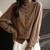 Women's Merino Wool Blend Cardigan 2025 Fall Winter Casual Mock Neck Long Sleeve Knit Cardigan with Buttons