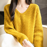 Chanyarn Women's V Neck 100% Merino Wool Oversized Sweater 2025 Fall Winter Vintage Cable Long Sleeve Knit Sweater