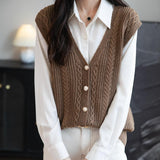Women's Merino Wool Blend Sweater Vest 2025 Fall Winter Casual V Neck Cable Sleeveless Knit Cardigan with Button