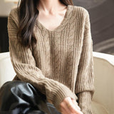 Chanyarn Women's V Neck 100% Merino Wool Oversized Sweater 2025 Fall Winter Vintage Cable Long Sleeve Knit Sweater