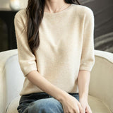 Women's 100% Merino Wool Spring Fall Winter First-Line Ready to Wear Seamless Knit Crewneck Short Sleeve Sweater