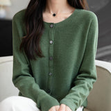 Women's Merino Wool Cardigan Crew Neck Fall Winter Long Sleeve First-Line Ready to Wear Seamless Knit Cardigan