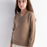 Girls 100% Merino Wool Sweater Fall Winter First-Line Ready to Wear V-Neck Long Sleeve Seamless Knit Pullover