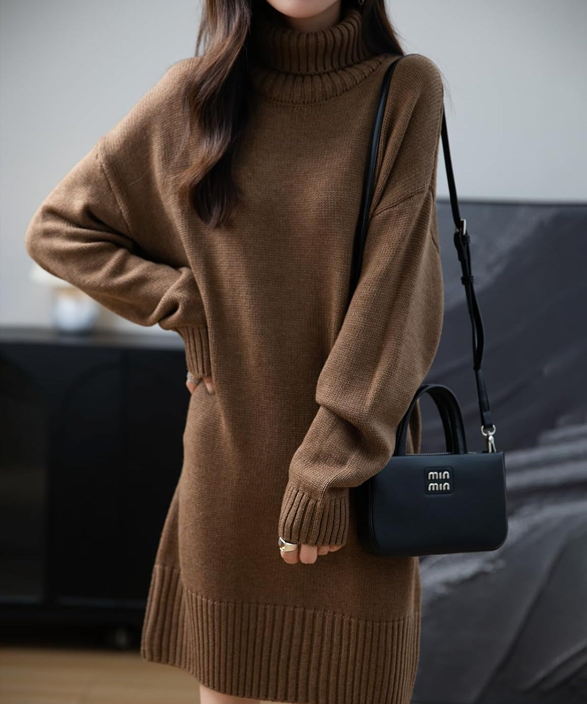 Merino Wool Blend Turtleneck Oversized Sweater Dress