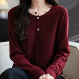 Women's Merino Wool Cardigan Crew Neck Fall Winter Long Sleeve First-Line Ready to Wear Seamless Knit Cardigan
