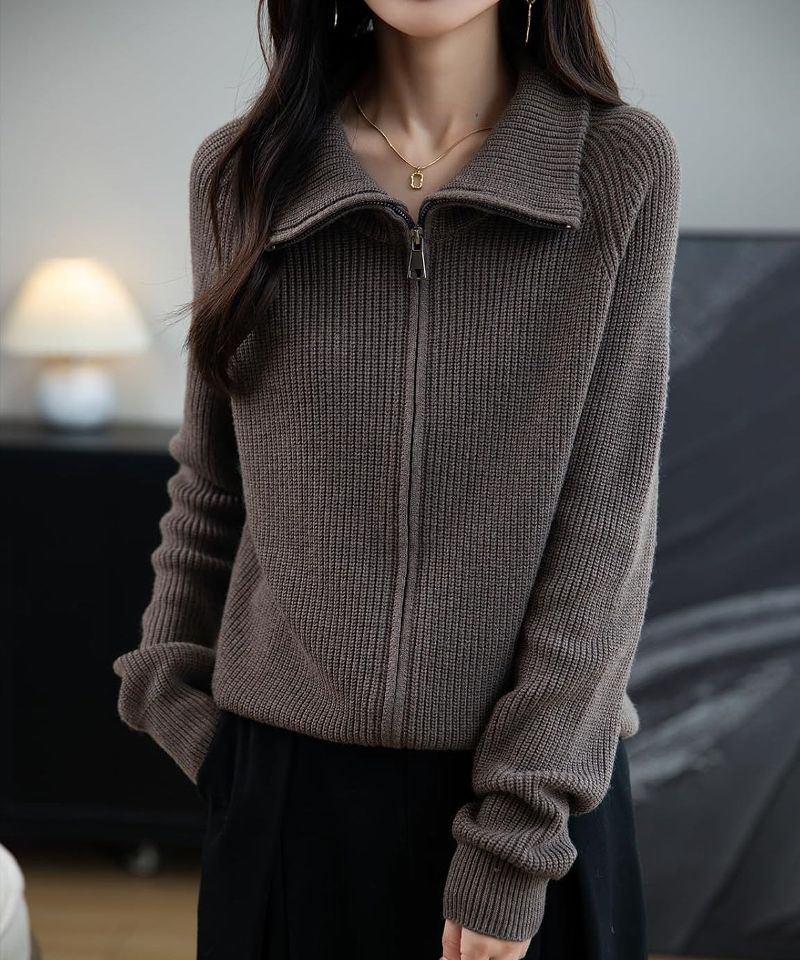 Merino Wool Blend Zipper Knit Sweatshirt Cardigan