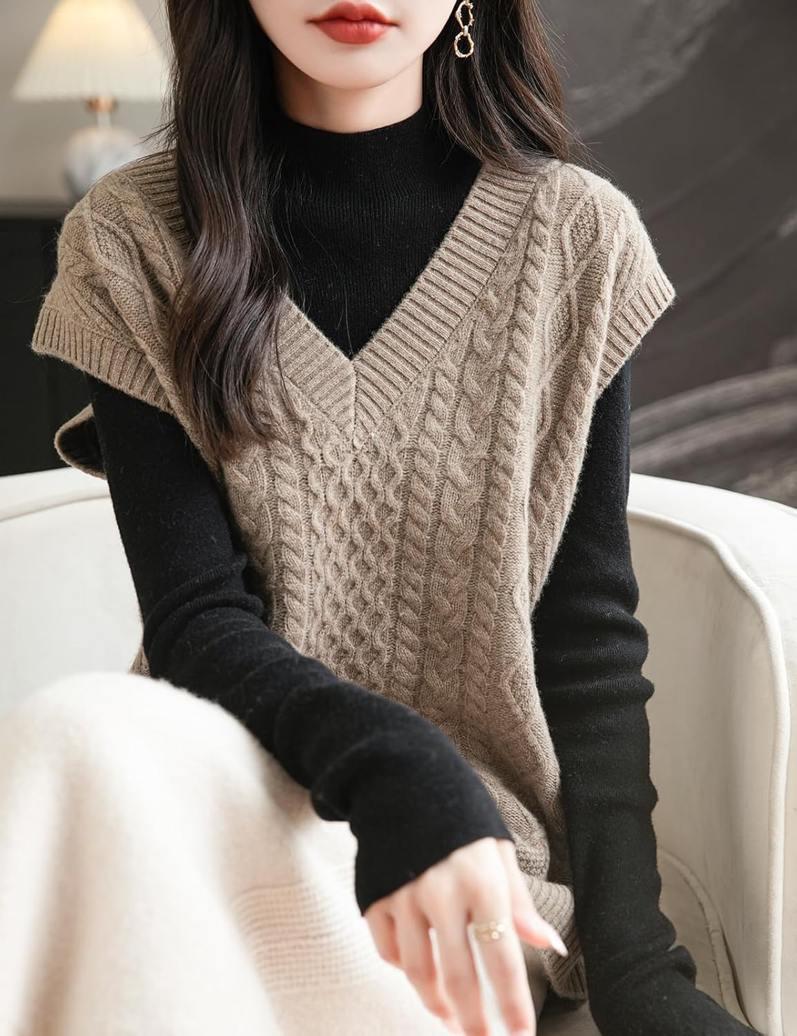 Chanyarn Women's 100% Merino Wool Sweater Vest 2025 Fall Winter Classic V Neck Cable Sleeveless Knit Sweater Tank Tops