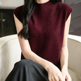 Women's 100% Merino Wool Spring Fall Winter First-Line Ready to Wear Mock Neck Seamless Knit Sleeveless Sweater Vest