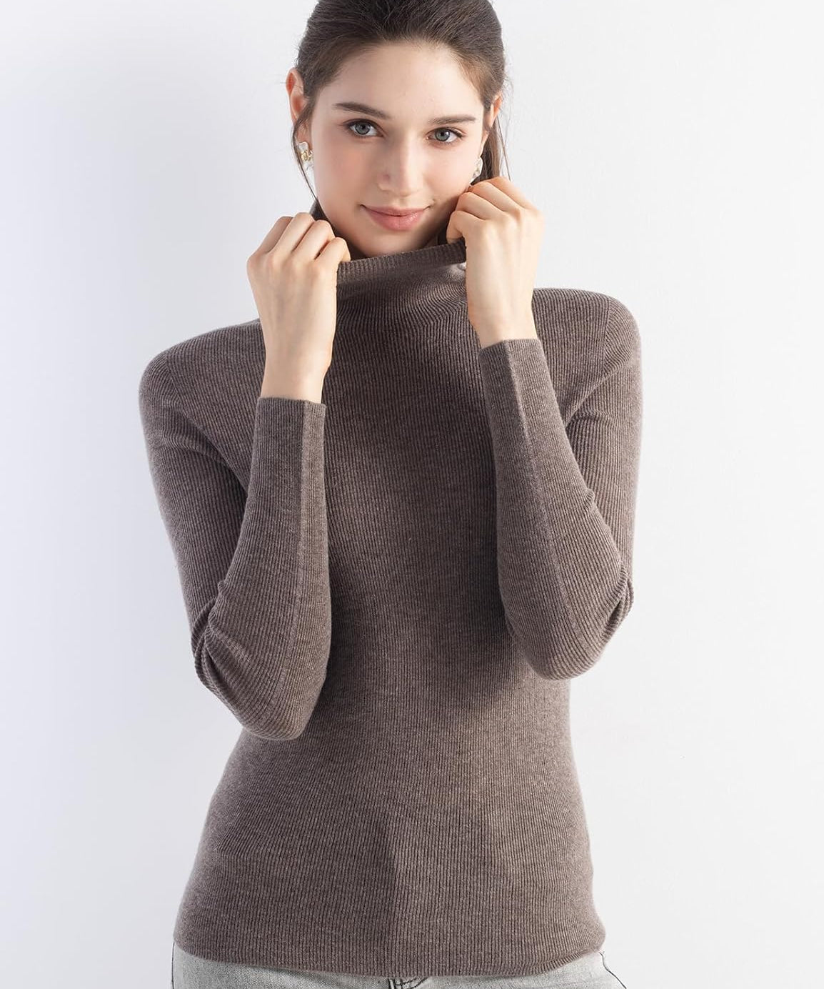 Merino Wool Blend Ribbed Turtleneck Slim Fit Sweater
