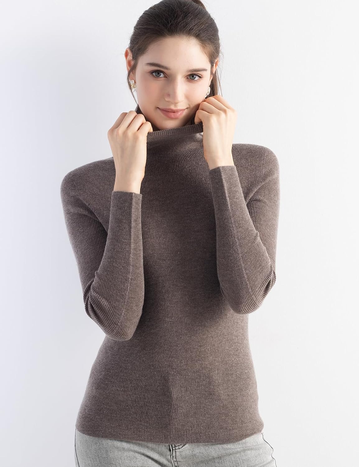 Women's Merino Wool Sweater Fall Winter Turtleneck Rib Long Sleeve First-Line Ready to Wear Seamless Knit Sweater