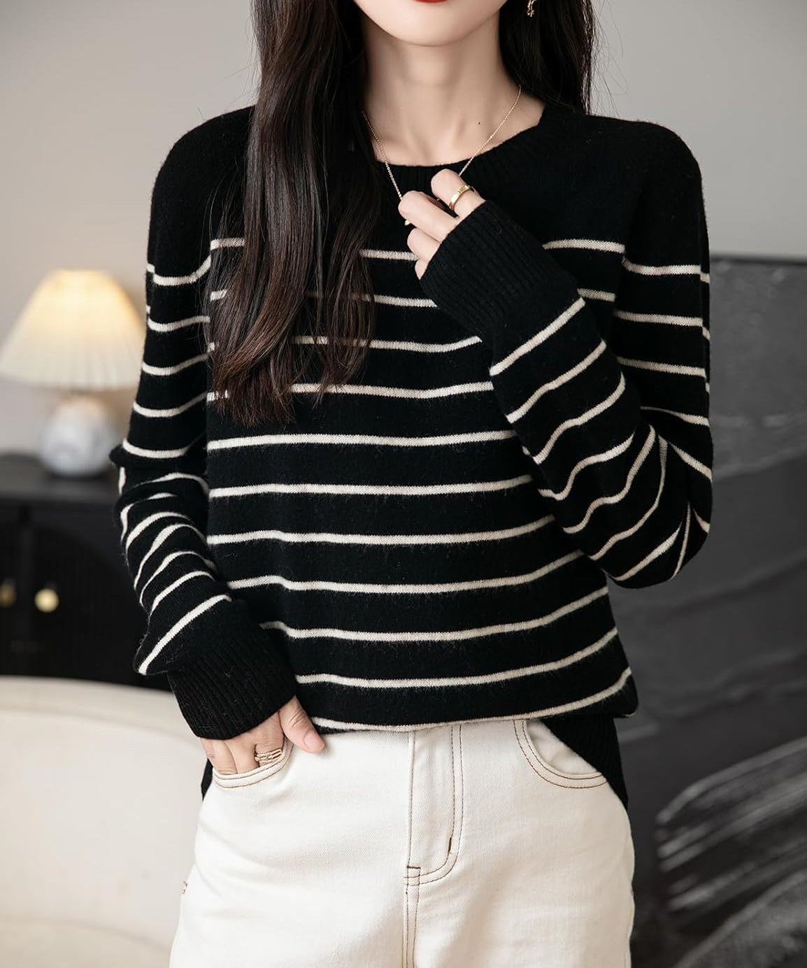 100% Merino Wool Striped Crewneck Sweater