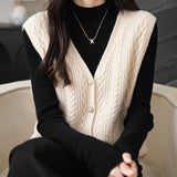 Women's 100% Merino Wool Sweater Vest 2025 Fall Winter V Neck Button Down Sleeveless Cable Knit Sweater Vest