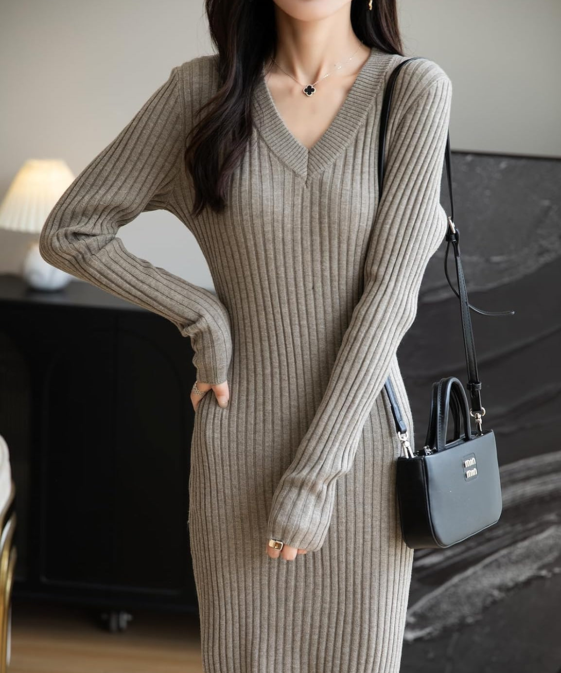Merino Wool Blend V-Neck Ribbed Knit Sweater Dress