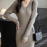 Women's Merino Wool Blend Sweater Dress Fashion 2025 Fall Winter Sexy V-Neck Slim Fit Long Sleeve Ribbed Knit Dress