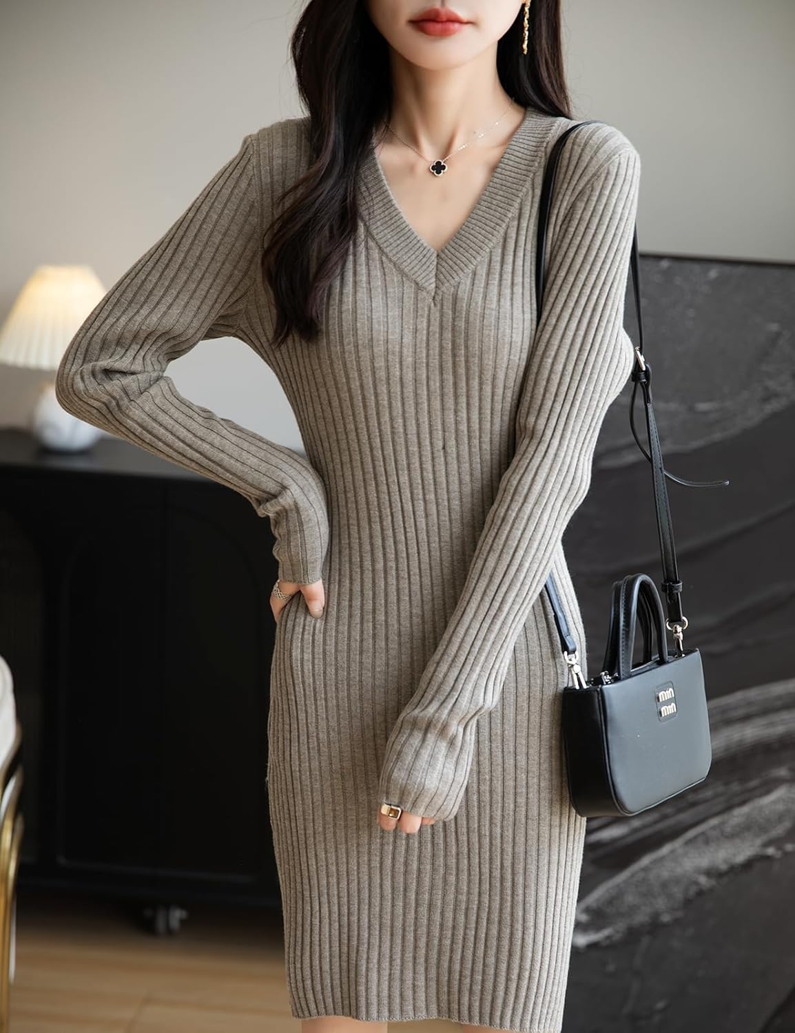 Women's Merino Wool Blend Sweater Dress Fashion 2025 Fall Winter Sexy V-Neck Slim Fit Long Sleeve Ribbed Knit Dress