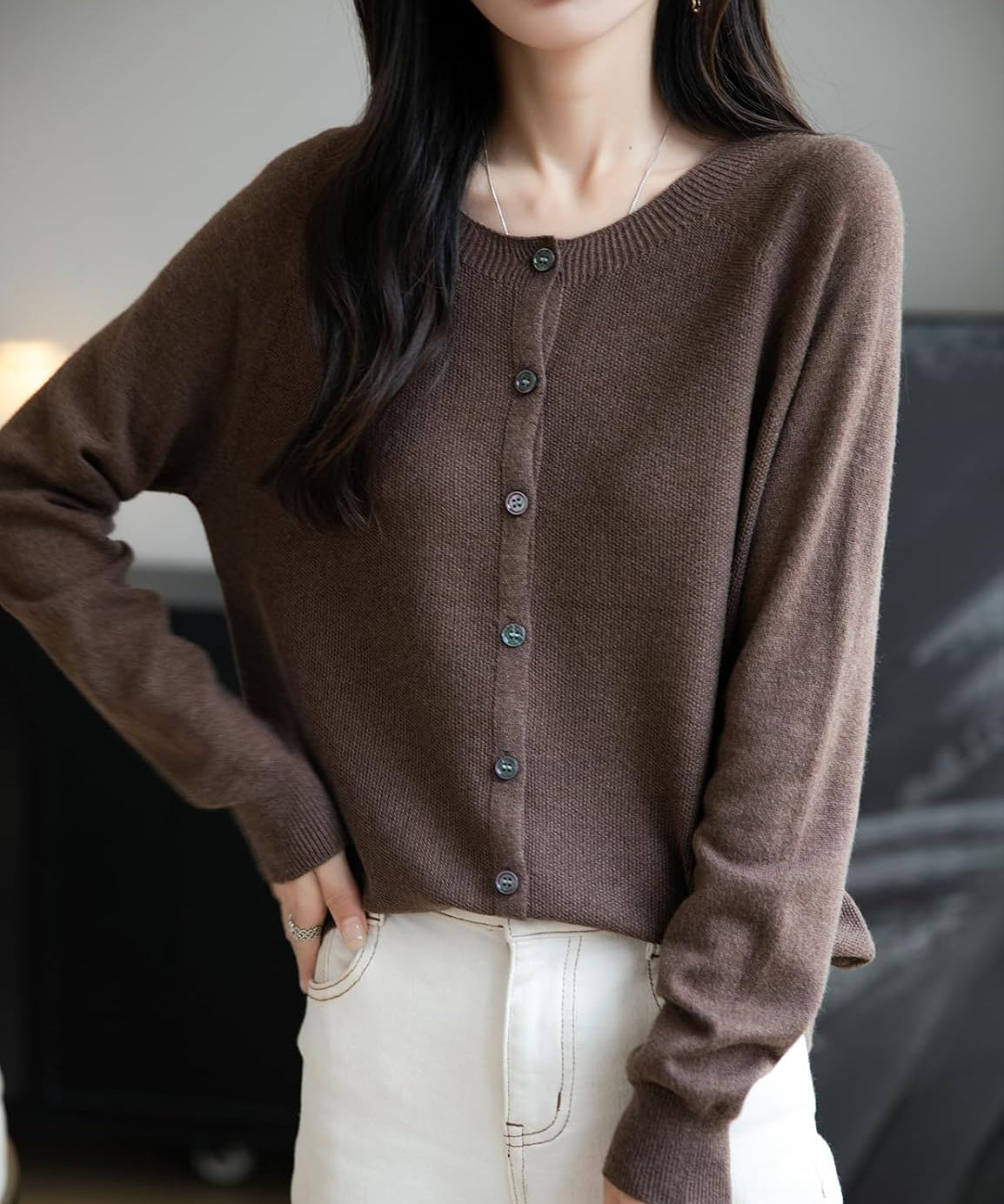 Merino Wool Seamless Crewneck Cardigan