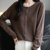Women's Merino Wool Cardigan Crew Neck Fall Winter Long Sleeve First-Line Ready to Wear Seamless Knit Cardigan