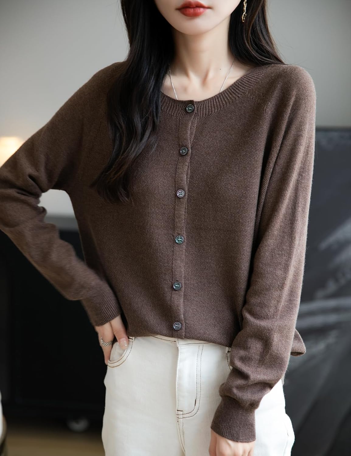 Women's Merino Wool Cardigan Crew Neck Fall Winter Long Sleeve First-Line Ready to Wear Seamless Knit Cardigan