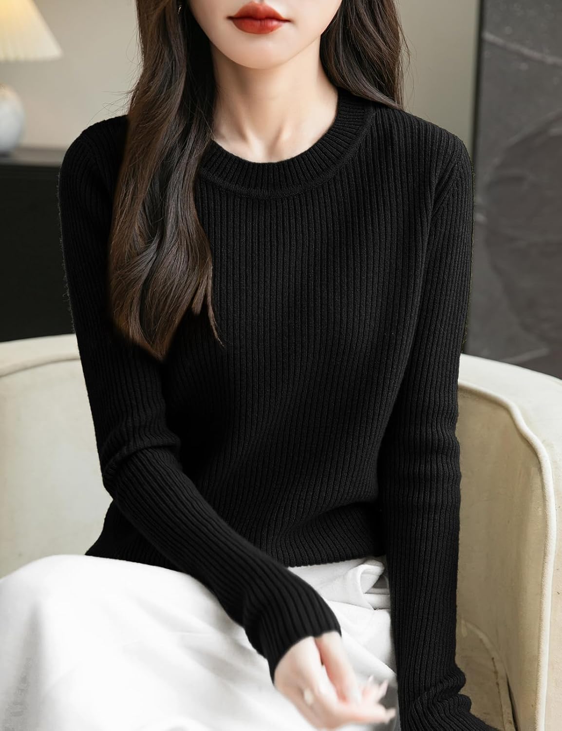 Women's 100% Merino Wool Sweater 2025 Fall Winter Crew Neck Long Sleeve Warm Soft Ribbed Knit Pullover Sweater